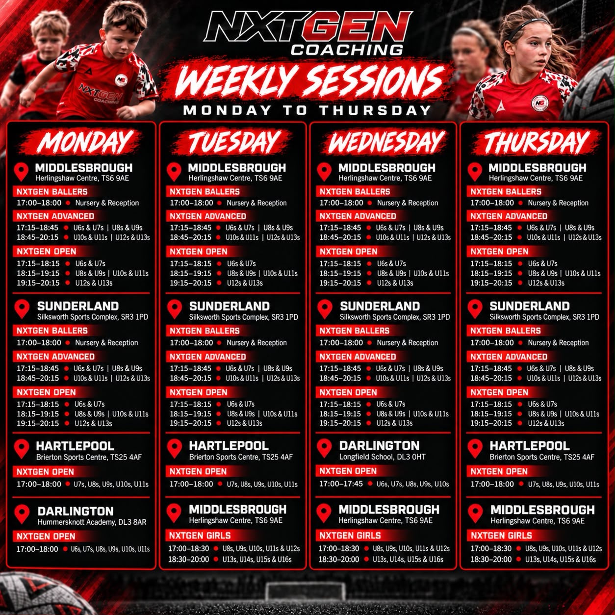 NXTGEN weekly sessions timetable, Monday to Thursday